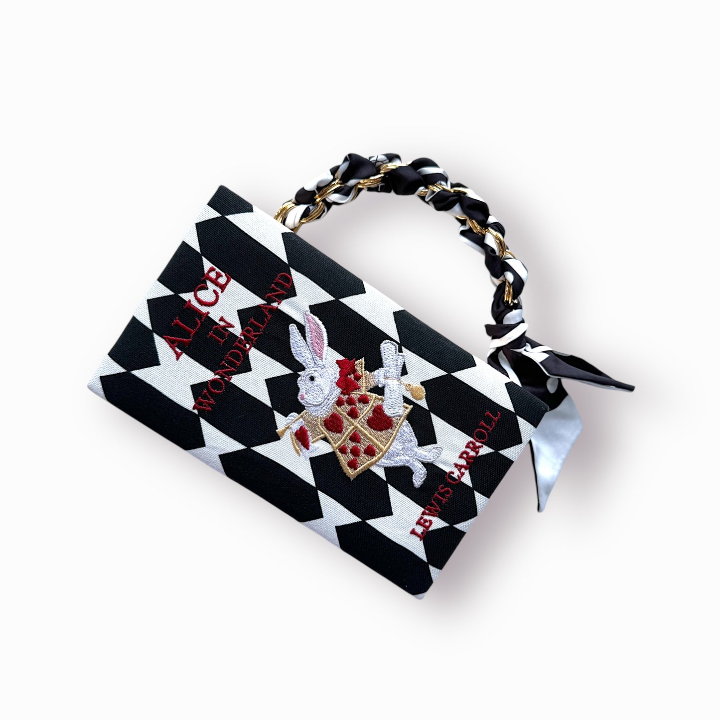 Embroidered Clutch - Alice in Wonderland - black and white purse
