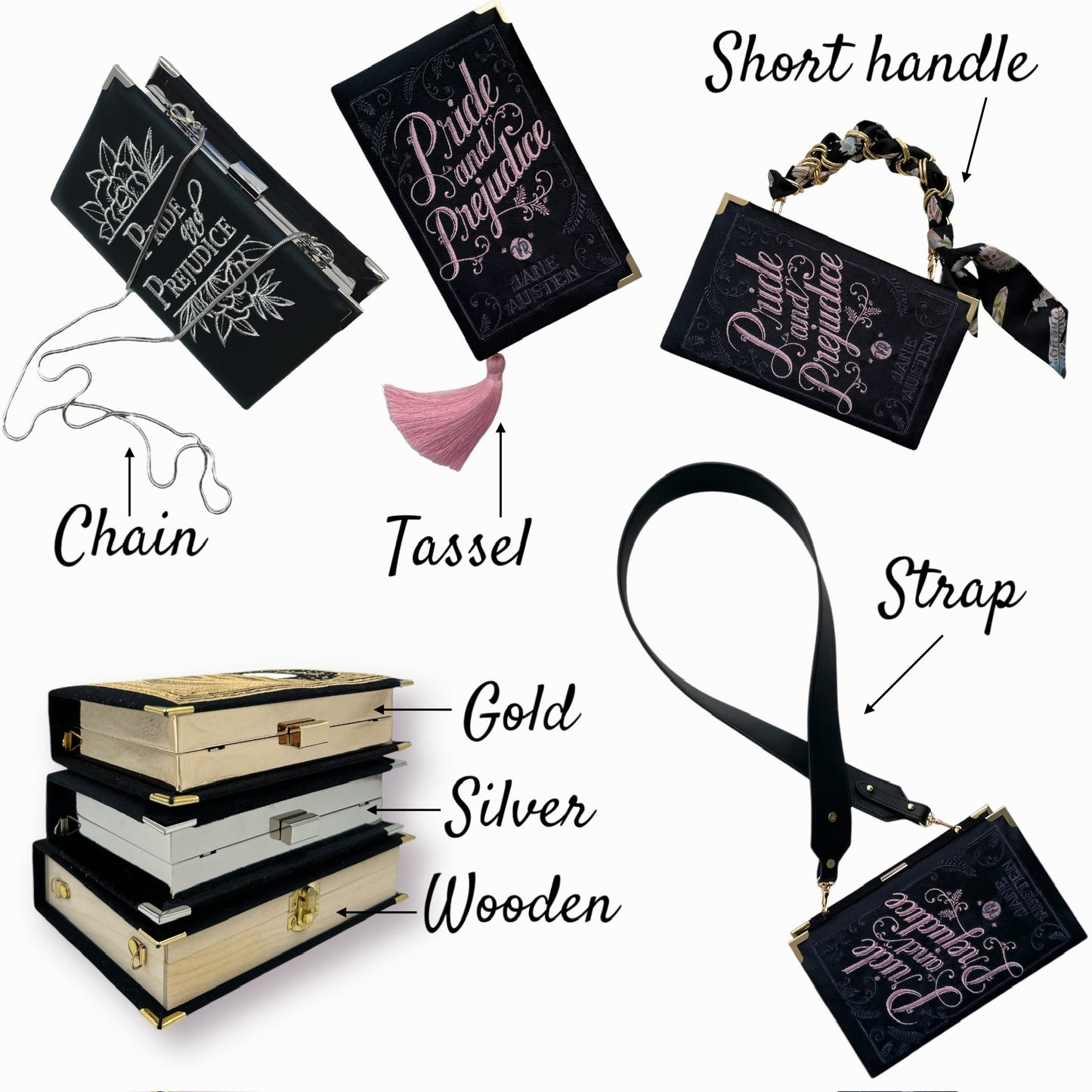 Embroidered Clutch - Alice in Wonderland - black and white purse