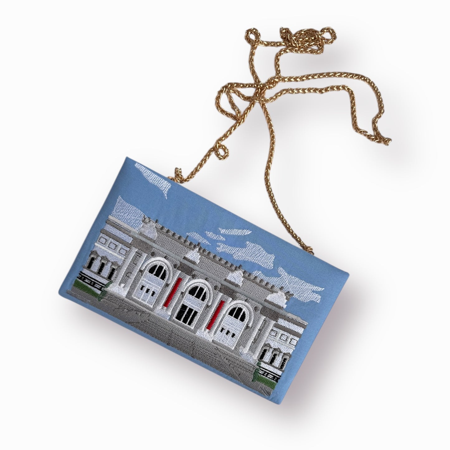 Embroidered book clutch - Museum of Modern Art- blue purse