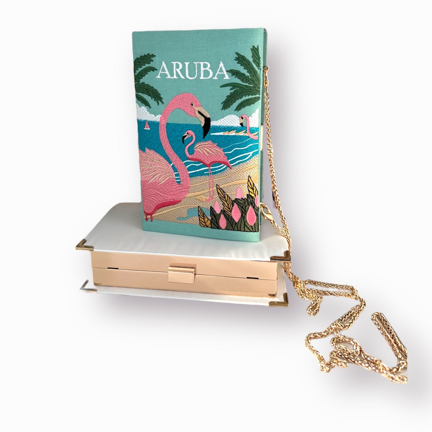 Embroidered Clutch - Aruba - turquoise linen purse