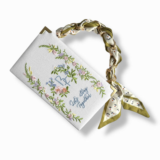 Embroidered Clutch - Wedding Crest - white linen purse