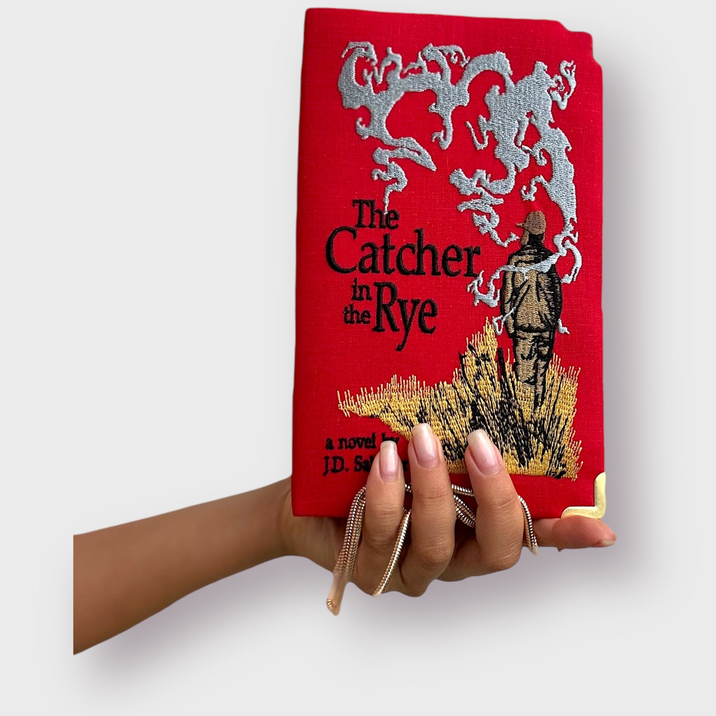 Embroidered Clutch - The Catcher in the Rye - red linen purse