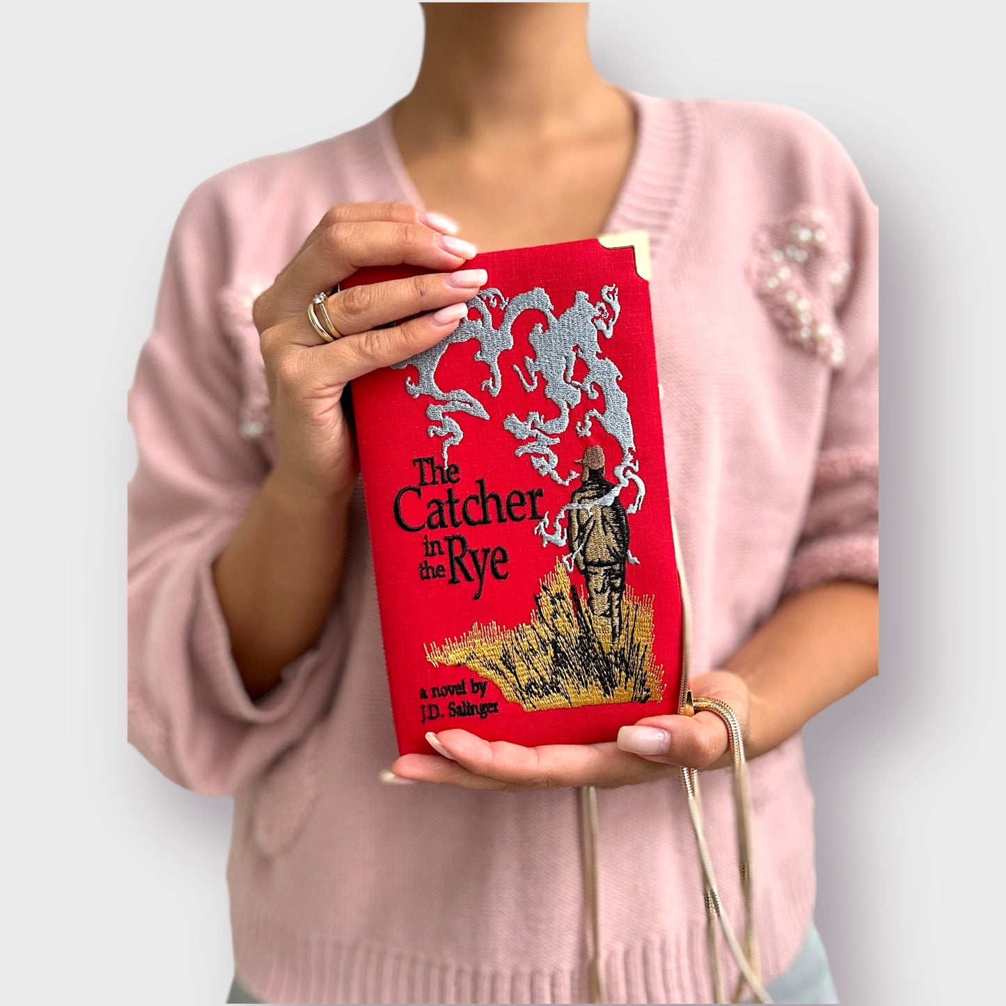 Embroidered Clutch - The Catcher in the Rye - red linen purse