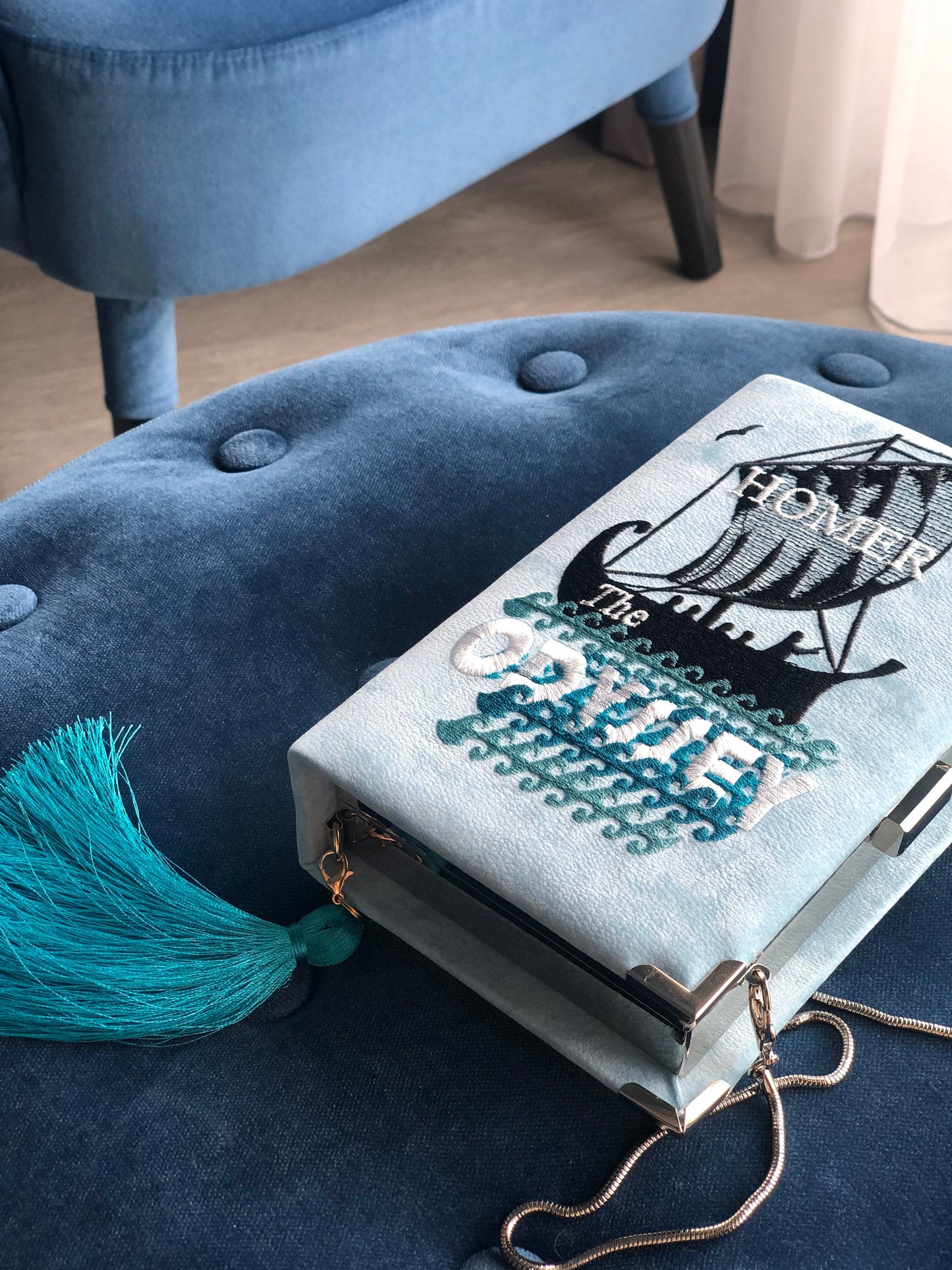 Embroidered Book clutch ODYSSEY purse, handmade velvet silk hand bag, women accessories bookworm gift womens bag