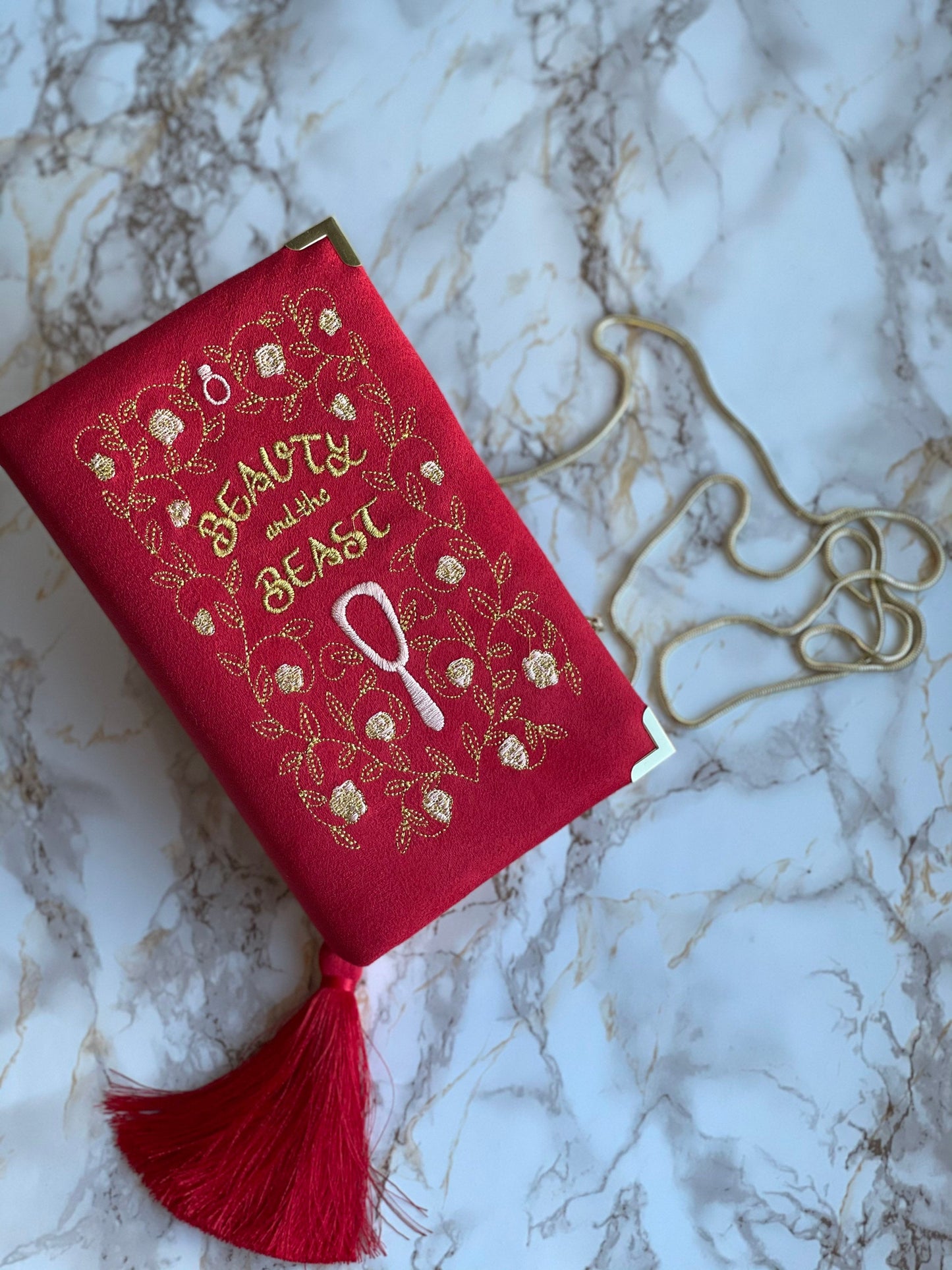 Embroidered Book Clutch - Beauty and the Beast - Red velvet handbag - Gold box clutch - Customised purse