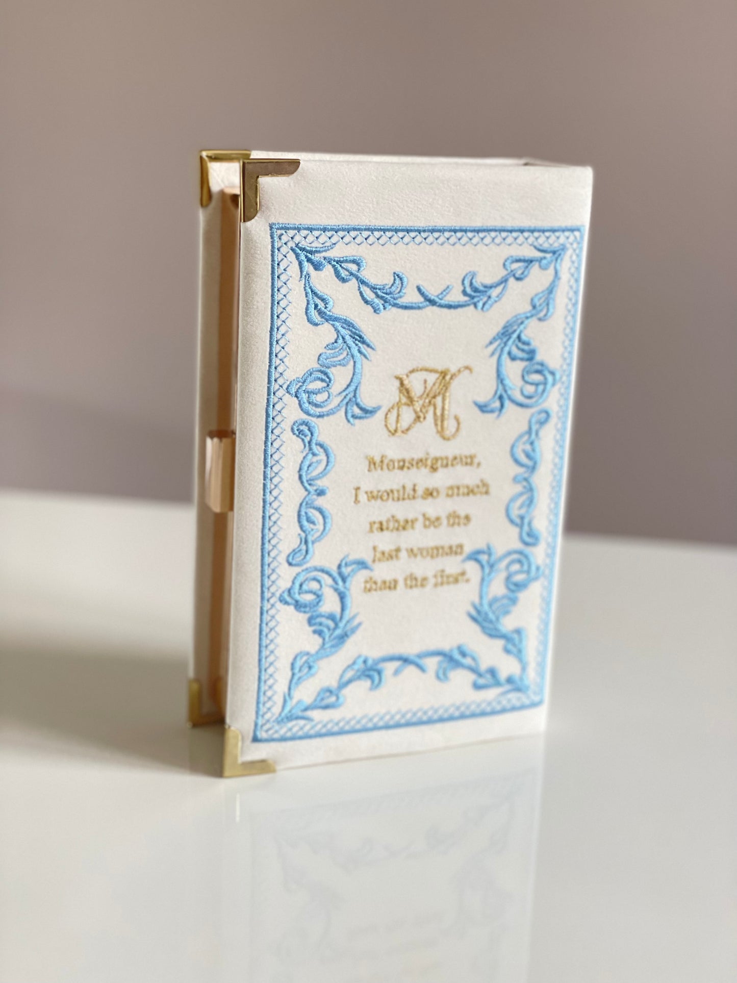 Ivory white wedding clutch book with personalized design