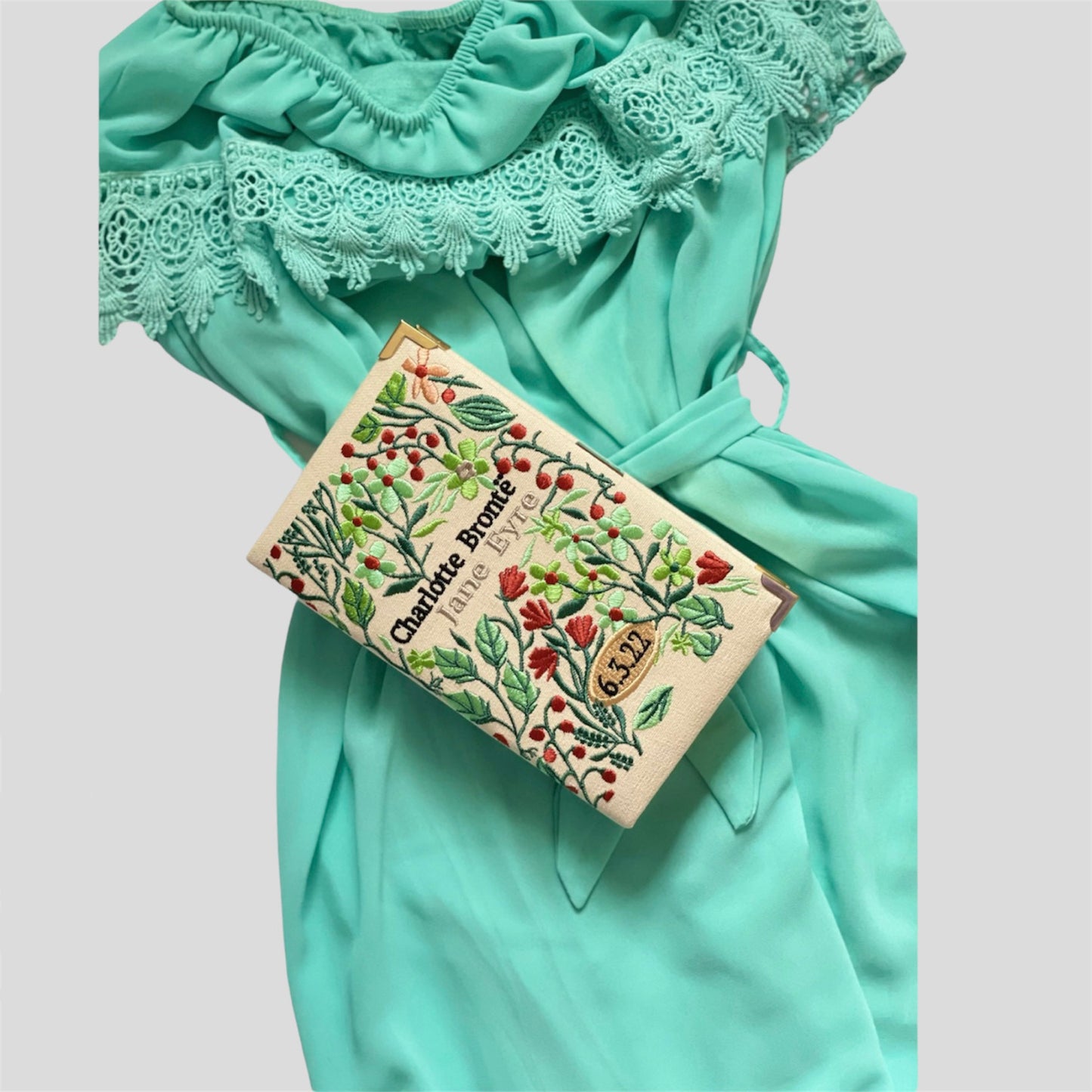 Embroidered book clutch, novelty bag, crossbody, shoulder purse Jane Eyre floral - 2 sided