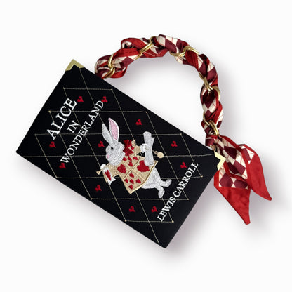 Embroidered book clutch - Alice in Wonderland - black and white purse with hearts