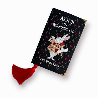 Embroidered book clutch - Alice in Wonderland - black and white purse with hearts
