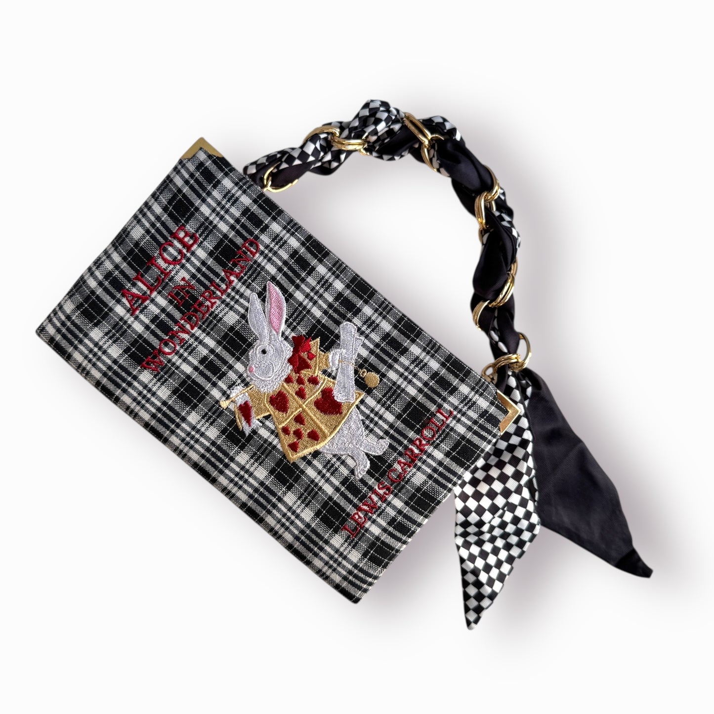 Embroidered Clutch - Alice in Wonderland - black and white purse