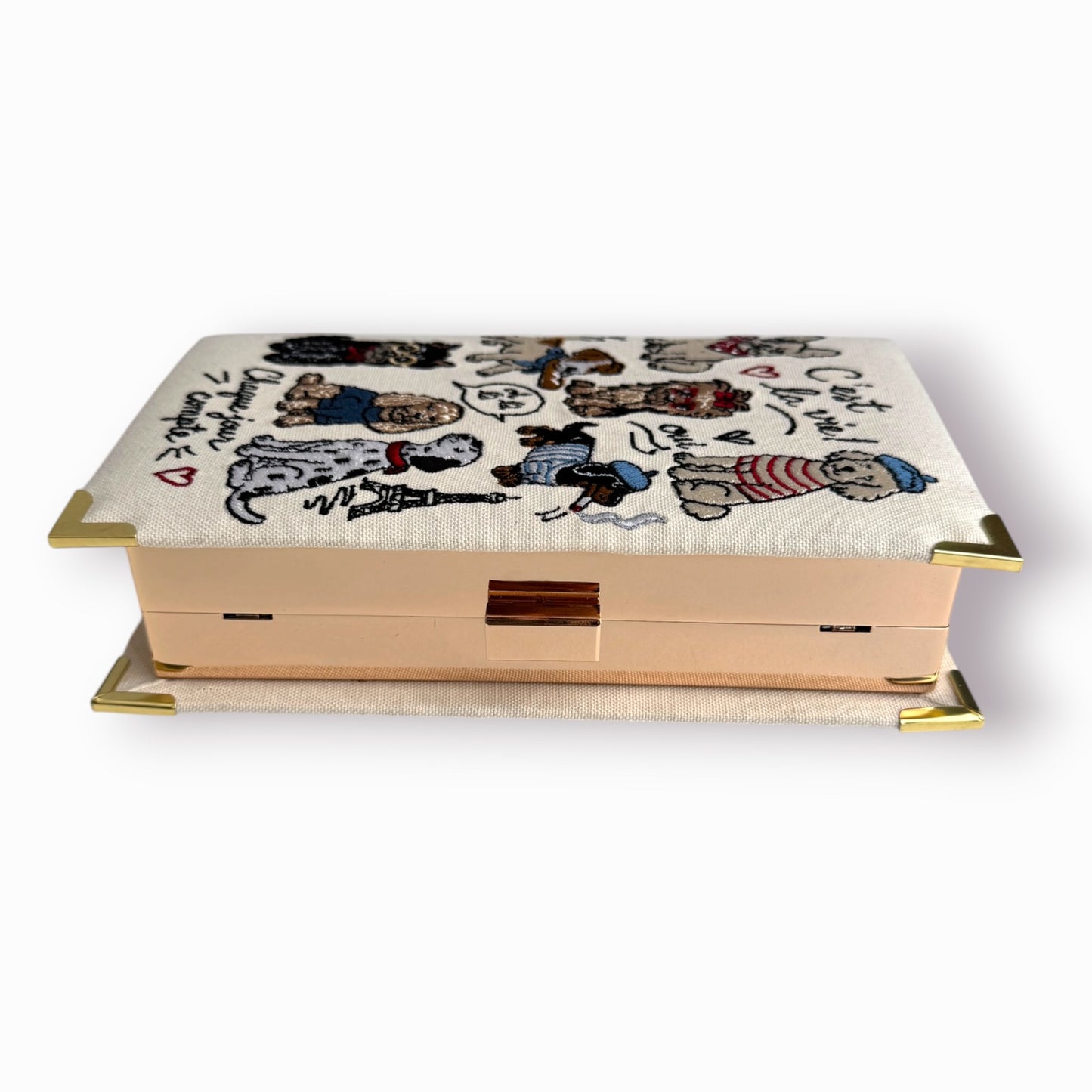 Embroidered book clutch - Paris Dogs - beige purse
