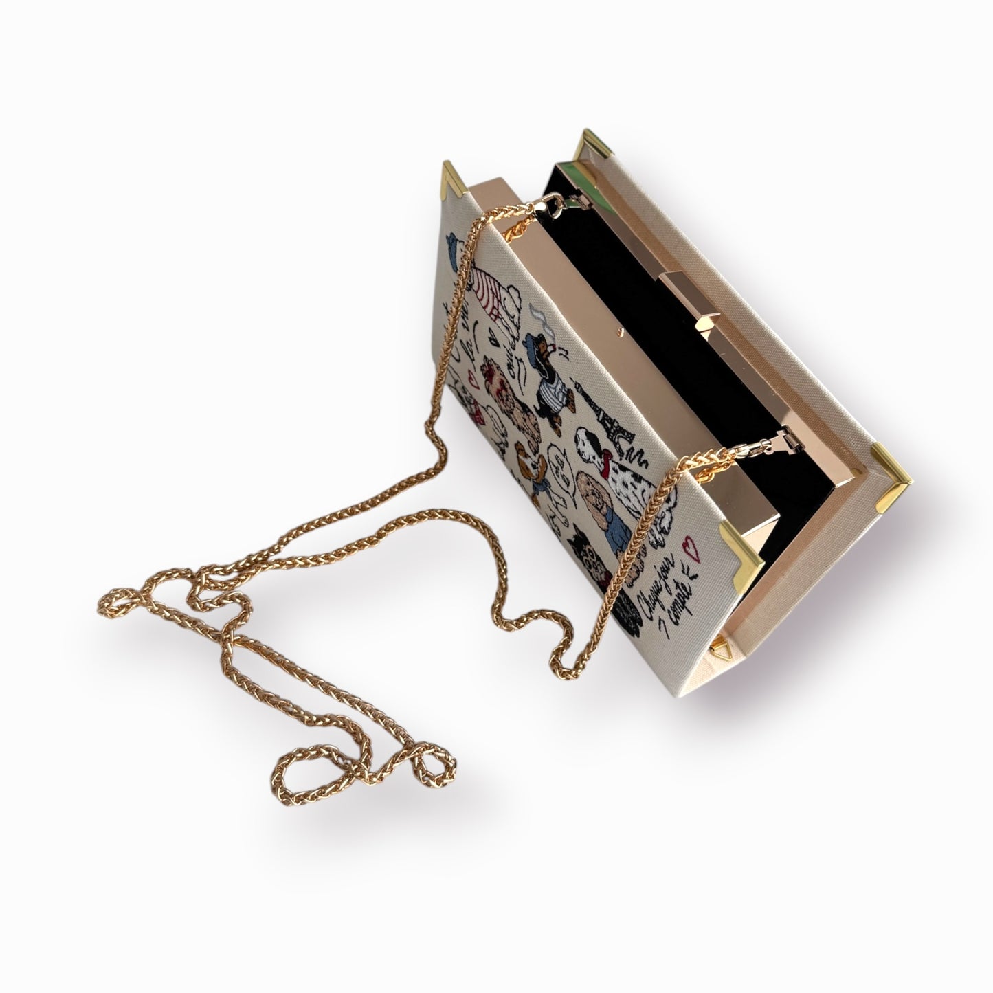 Embroidered book clutch - Paris Dogs - beige purse