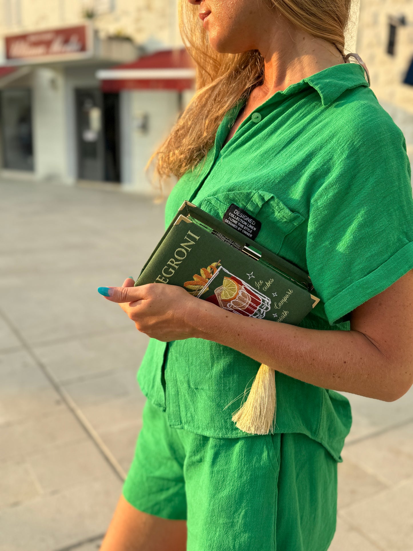 Embroidered Clutch - Negroni - green linen purse