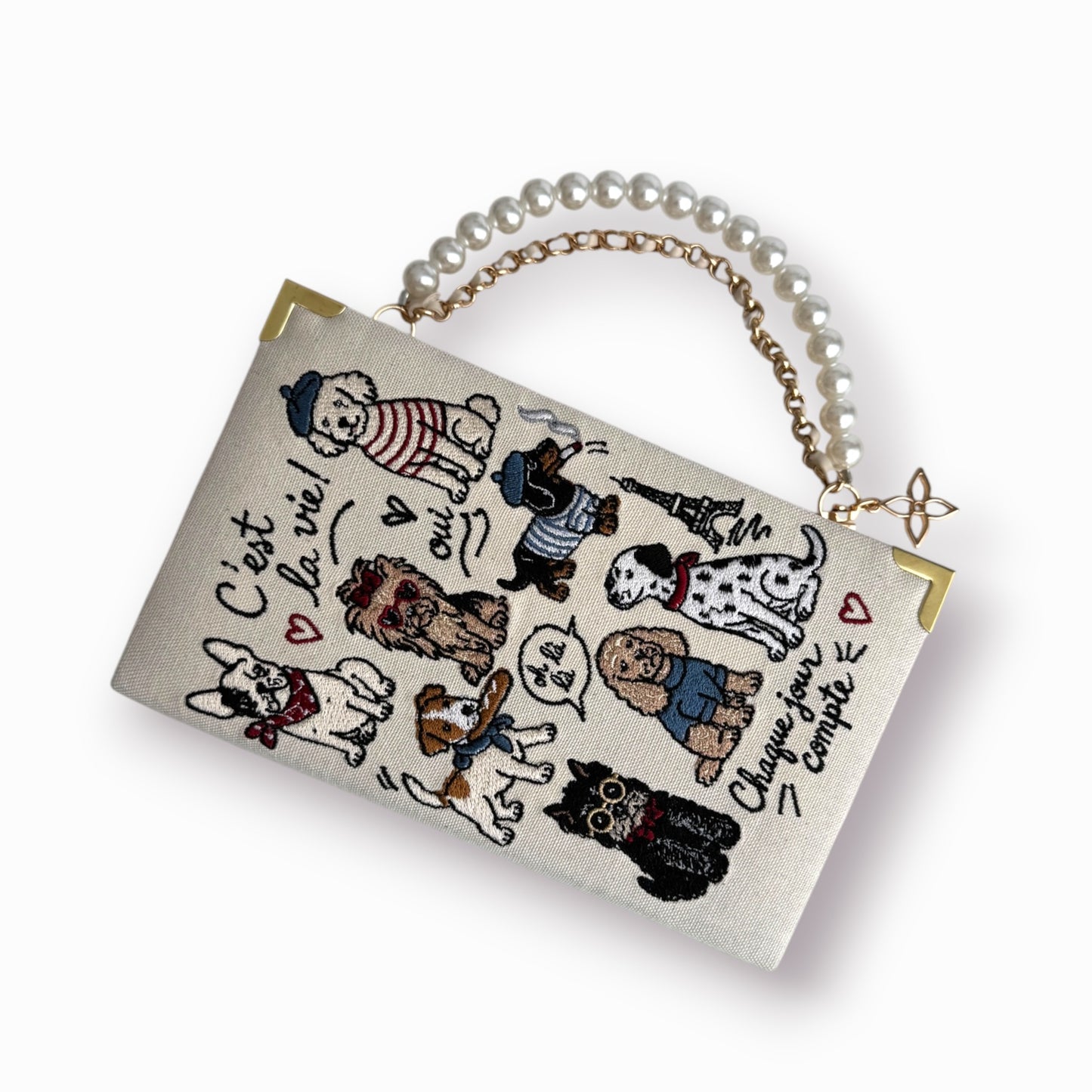 Embroidered book clutch - Paris Dogs - beige purse