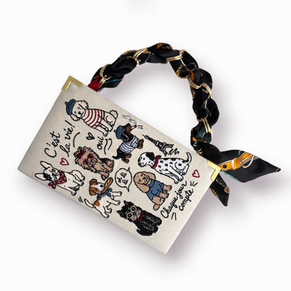 Embroidered book clutch - Paris Dogs - beige purse