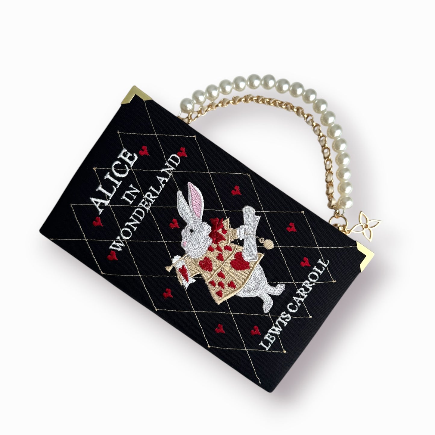 Embroidered book clutch - Alice in Wonderland - black and white purse with hearts
