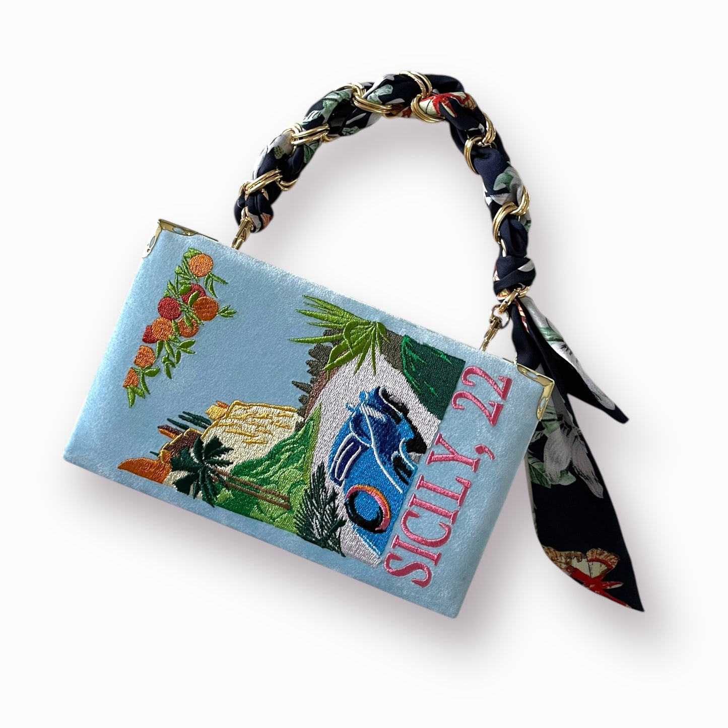 Book clutch purse, embroidered Voyages bag, crossbody, Sicily