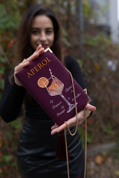 Embroidered Clutch - Aperol - burgundy linen purse