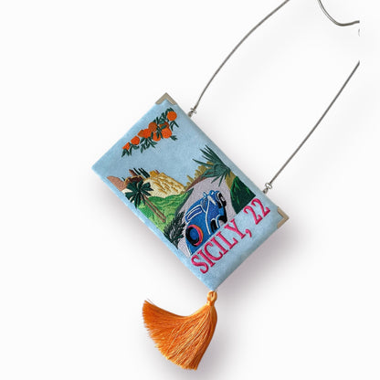 Book clutch purse, embroidered Voyages bag, crossbody, Sicily