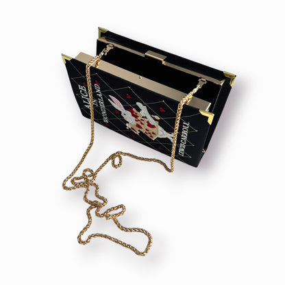 Embroidered book clutch - Alice in Wonderland - black and white purse with hearts