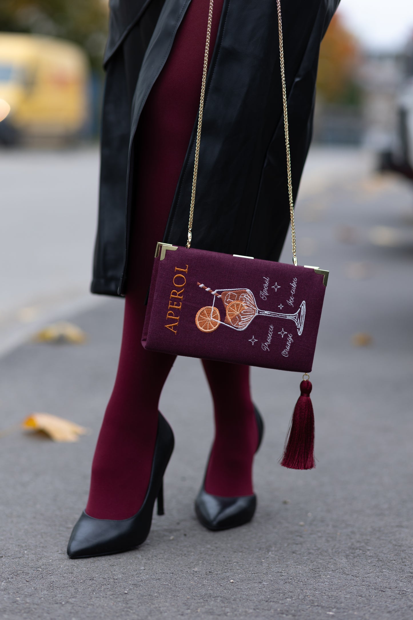 Embroidered Clutch - Aperol - burgundy linen purse