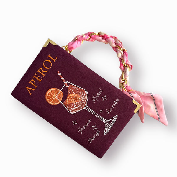 Embroidered Clutch - Aperol - burgundy linen purse – VR handmade