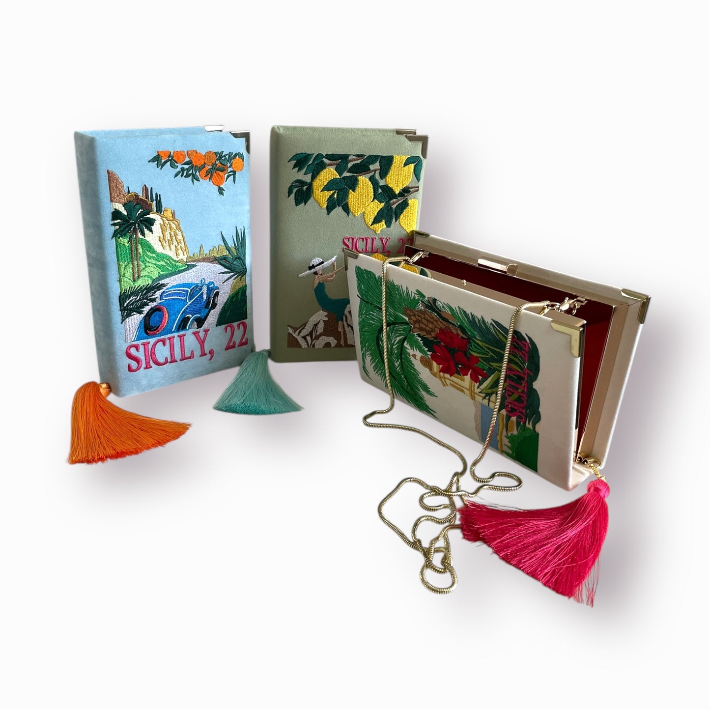 Book clutch purse, embroidered Voyages bag, crossbody, Sicily