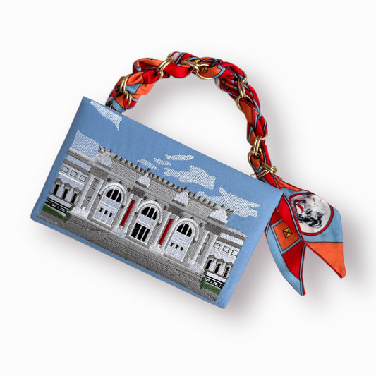Embroidered book clutch - Museum of Modern Art- blue purse