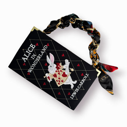 Embroidered book clutch - Alice in Wonderland - black and white purse with hearts