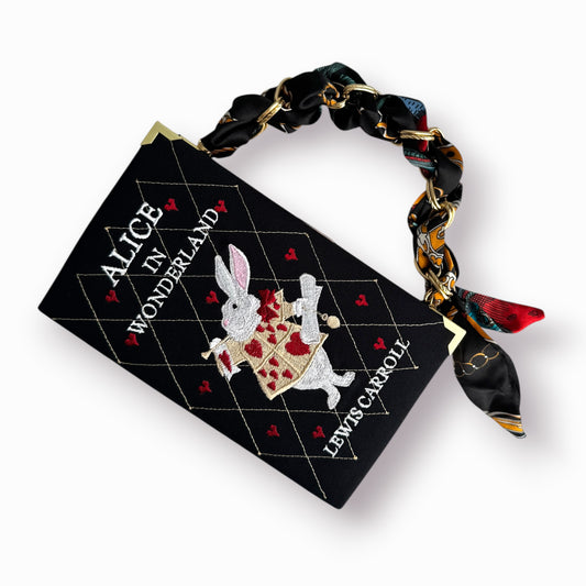 Embroidered book clutch - Alice in Wonderland - black and white purse with hearts