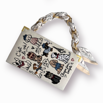 Embroidered book clutch - Paris Dogs - beige purse