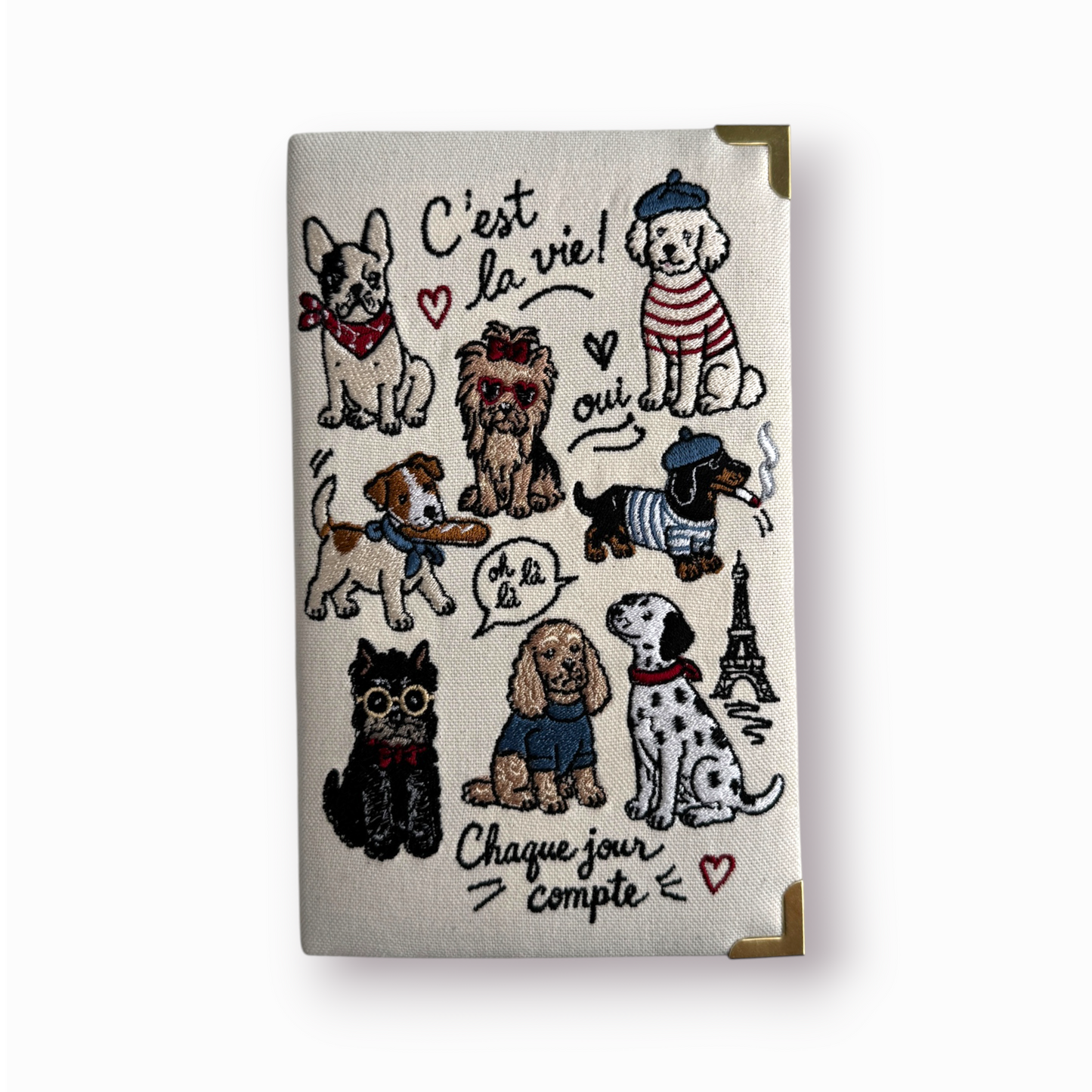 Embroidered book clutch - Paris Dogs - beige purse