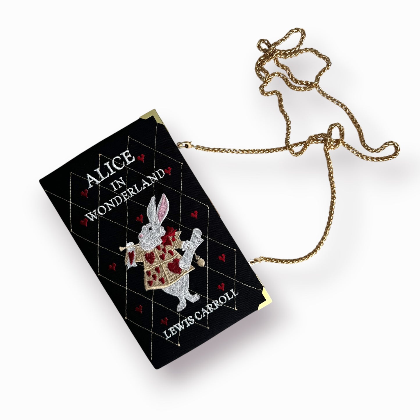 Embroidered book clutch - Alice in Wonderland - black and white purse with hearts