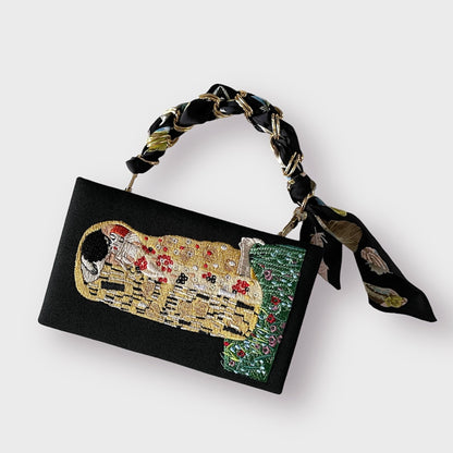 Embroidered book clutch Gustav Klimt, novelty bag, crossbody purse