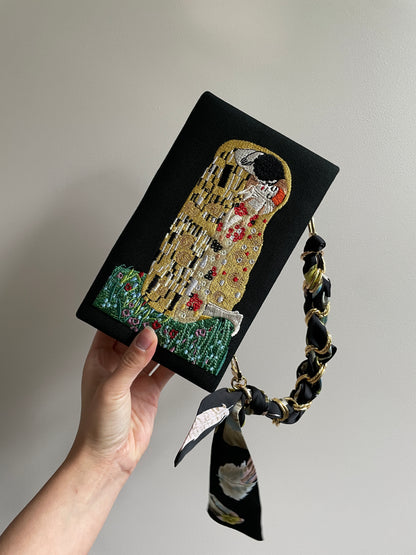 Embroidered book clutch Gustav Klimt, novelty bag, crossbody purse