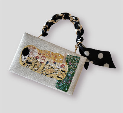 Embroidered book clutch Gustav Klimt, novelty bag, crossbody purse