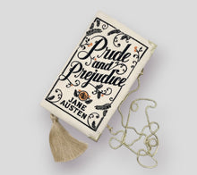 Load image into Gallery viewer, Embroidered Book Clutch - Pride and Prejudice - with tassel and chain
