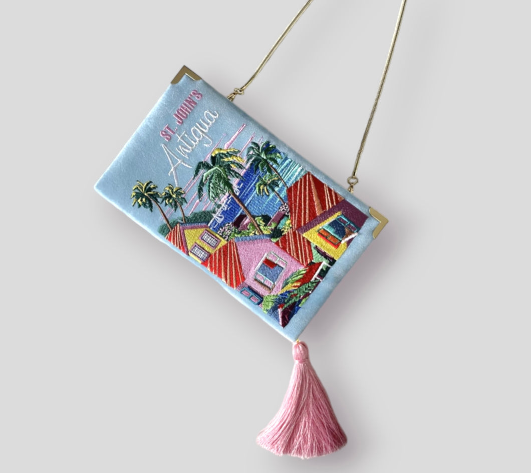 Book clutch purse, embroidered Voyages bag, crossbody, Sicily