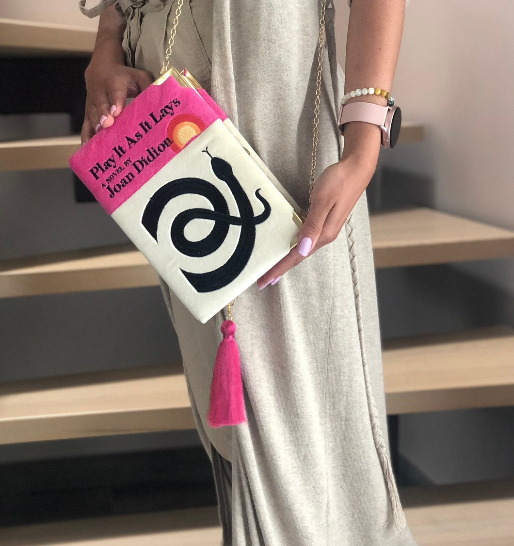 Book clutch - PLAY it as it LAYS - Joan Didion - Pink and white velvet