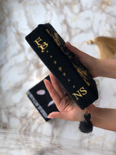 Load image into Gallery viewer, Book Clutch - Fantastic Beasts - gold metallic embroidery - black velvet
