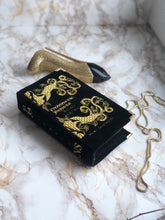 Load image into Gallery viewer, Book Clutch - Fantastic Beasts - gold metallic embroidery - black velvet
