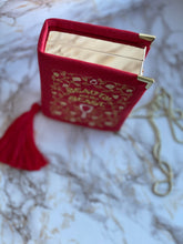 Load image into Gallery viewer, Embroidered Book Clutch - Beauty and the Beast - Red velvet handbag - Gold box clutch - Customised purse
