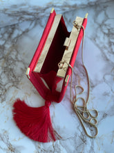 Load image into Gallery viewer, Embroidered Book Clutch - Beauty and the Beast - Red velvet handbag - Gold box clutch - Customised purse
