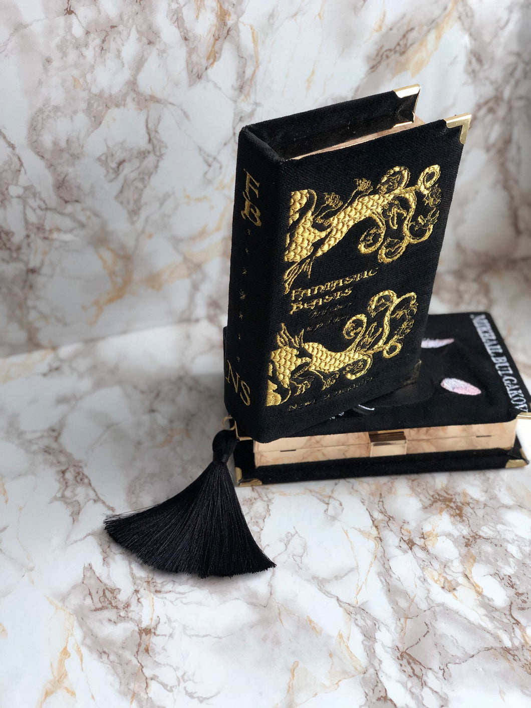 Book Clutch - Fantastic Beasts - gold metallic embroidery - black velvet