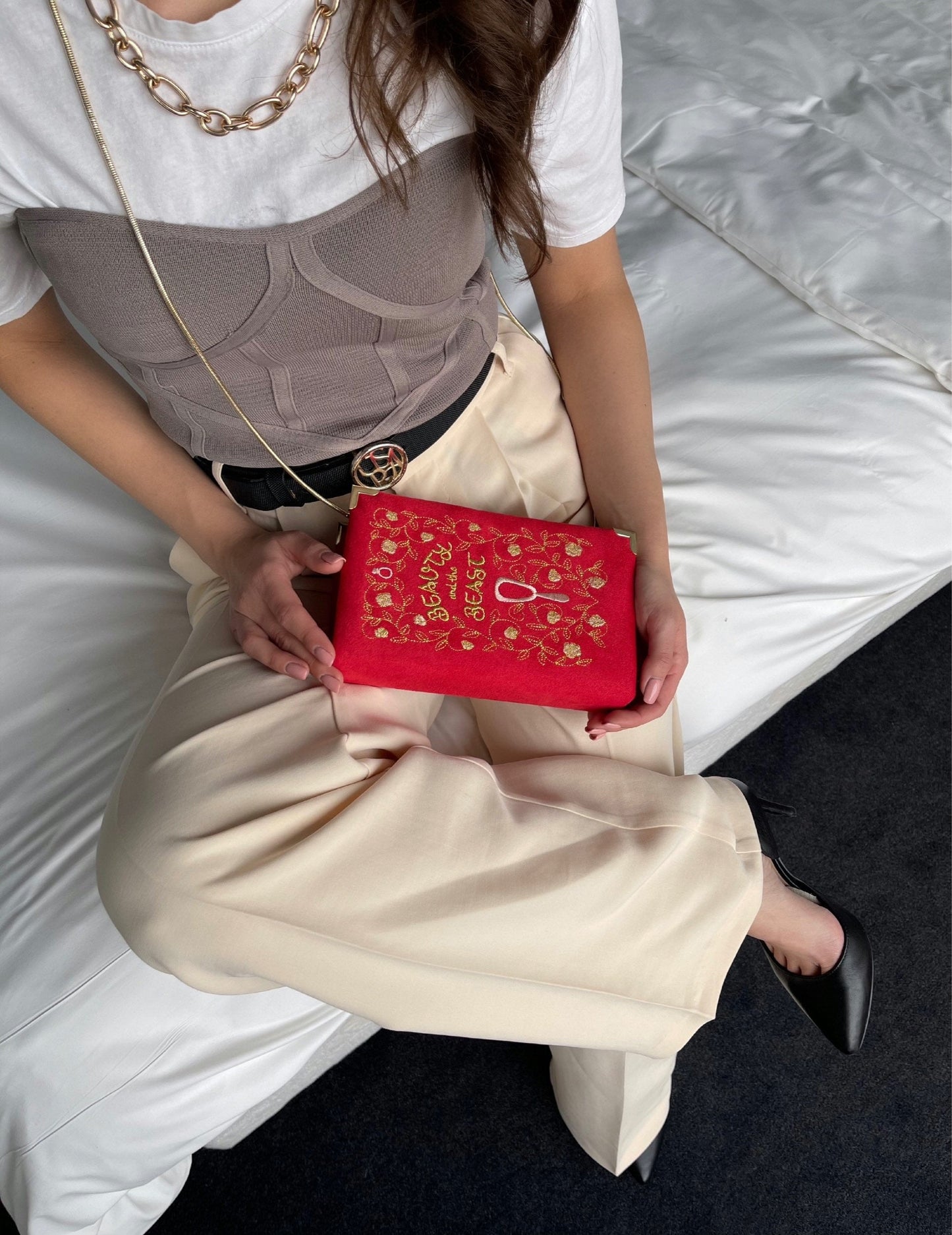 Embroidered Book Clutch - Beauty and the Beast - Red velvet handbag - Gold box clutch - Customised purse