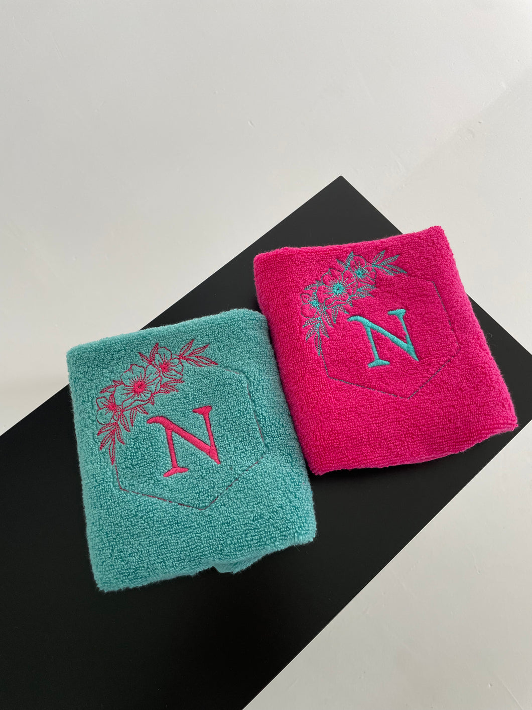 Bath towel set with custom initials and frame