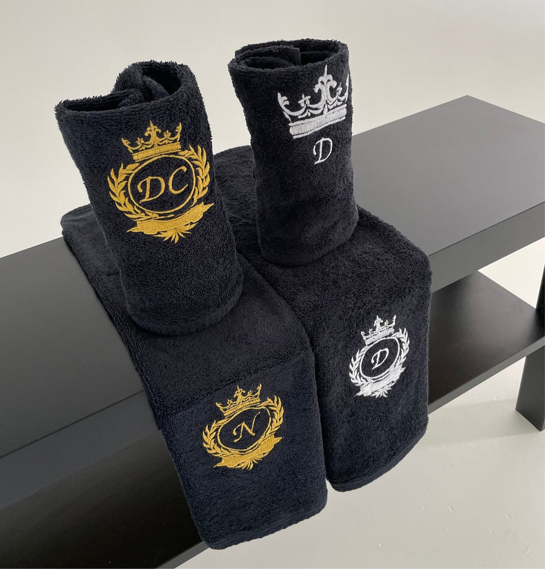 Black Bath towel set / Silver thread / Monogrammed Towels / Embroidered initials
