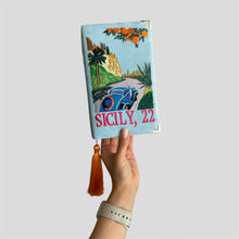 Load image into Gallery viewer, Book clutch purse, embroidered Voyages bag, crossbody, Sicily
