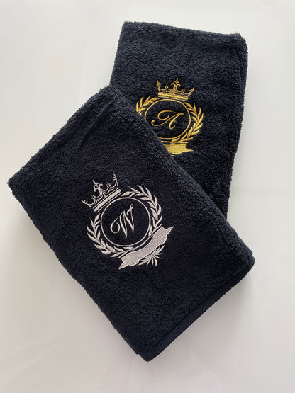 Black Bath towel set with initials / Monogrammed Towels / Embroidered antique gold initials