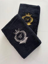 Load image into Gallery viewer, Black Bath towel set with initials / Monogrammed Towels / Embroidered antique gold initials
